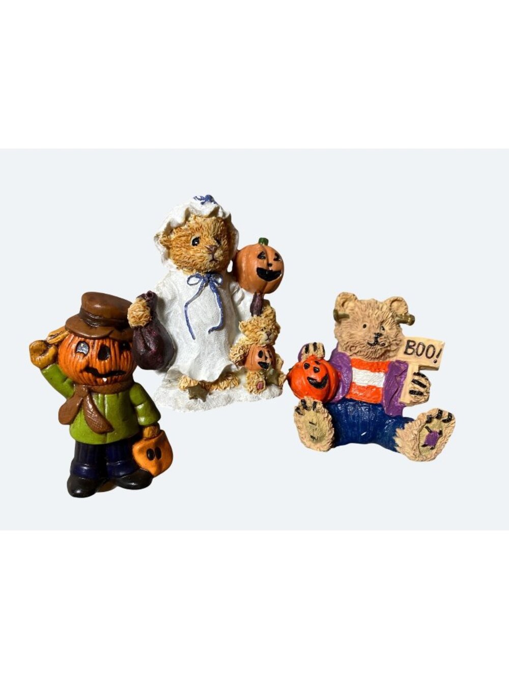 Halloween Bear Pumpkin Figurines Set Of 3 Hand Painted Resin Small Size Decor
